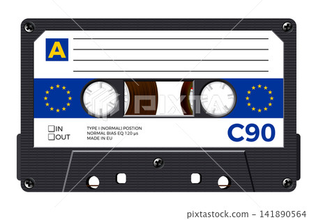Cassette with retro label as European Union flag, vintage object for 80s revival mix tape design Cassette with retro label as European Union flag, vintage object for 80s revival mix tape design 141890564