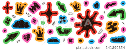 Bold cutout paper shapes with crayon collage scrapbook texture. Colorful naive cutout elements and organic geometric sticker paper doodle for journaling. Vector set of abstract shapes for kid planner Bold cutout paper shapes with crayon collage scrapbook texture. Colorful naive cutout elements and organic geometric sticker paper doodle for journaling. Vector set of abstract shapes for kid planner 141890854