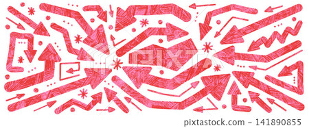 Bold arrow and crayon scrapbook with hand brush shape with thick doodle figure. Red pink scribble and asterisk with rough texture. Vector bold arrow set isolated for promotion and memo diary planning Bold arrow and crayon scrapbook with hand brush shape with thick doodle figure. Red pink scribble and asterisk with rough texture. Vector bold arrow set isolated for promotion and memo diary planning 141890855