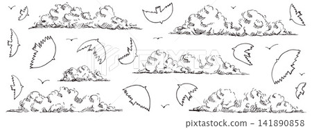 Bird and clouds set in simple black ink sketch with sky and outline art. Flying birds and cloud doodle for poster or nursery print. Vector naive scribble dove icon in quirky hand drawn line isolated Bird and clouds set in simple black ink sketch with sky and outline art. Flying birds and cloud doodle for poster or nursery print. Vector naive scribble dove icon in quirky hand drawn line isolated 141890858