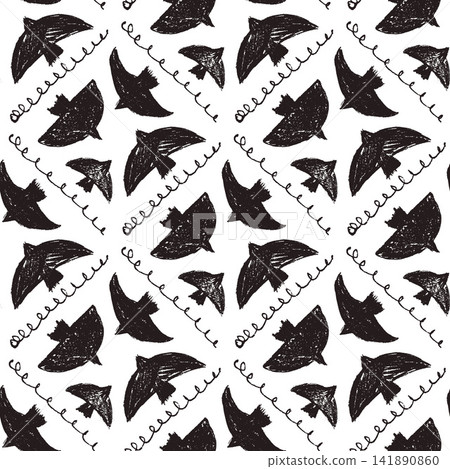 Black bird seamless pattern with charcoal linocut silhouettes and spiral scribble lines on white. Stylized birds form a monochrome seamless vector argyle print for fabric. Crayon sketch for wallpaper Black bird seamless pattern with charcoal linocut silhouettes and spiral scribble lines on white. Stylized birds form a monochrome seamless vector argyle print for fabric. Crayon sketch for wallpaper 141890860