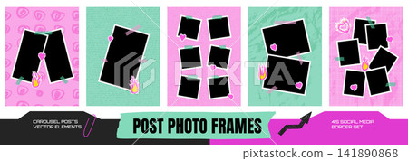 Collage snapshot set with layered photo frames. Pink and mint backgrounds with layout gallery two , four and five composition and heart, flames and blank pictures. Vector element for scrapbook design Collage snapshot set with layered photo frames. Pink and mint backgrounds with layout gallery two , four and five composition and heart, flames and blank pictures. Vector element for scrapbook design 141890868