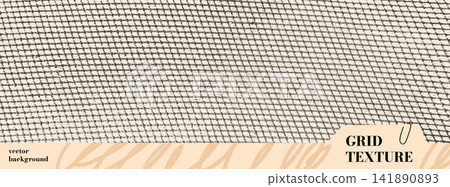 Rough burlap net texture with grunge woven fabric pattern on beige paper. Distressed jute cloth background with dark ink mesh grid for poster print. Grungy burlap weave as uneven vector overlay Rough burlap net texture with grunge woven fabric pattern on beige paper. Distressed jute cloth background with dark ink mesh grid for poster print. Grungy burlap weave as uneven vector overlay 141890893