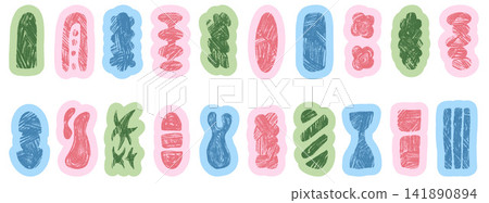 Pastel cutout shape stickers with soft crayon doodle for kid scrapbook. Cute green and pink abstract figures and gentle rounded organic edges. Vector pastel colors sticker set in soft naive baby charm Pastel cutout shape stickers with soft crayon doodle for kid scrapbook. Cute green and pink abstract figures and gentle rounded organic edges. Vector pastel colors sticker set in soft naive baby charm 141890894