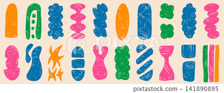 Hand drawn organic shapes with wax crayon texture for kids label and badge. Colorful element and doodles in geometric irregular abstract form. Vector crayon set of playful shapes for school collage Hand drawn organic shapes with wax crayon texture for kids label and badge. Colorful element and doodles in geometric irregular abstract form. Vector crayon set of playful shapes for school collage 141890895