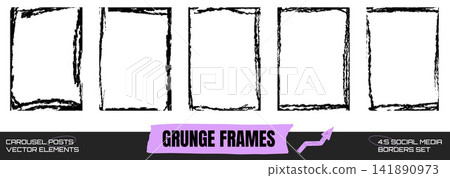 Border grunge set with five vertical frames and brush strokes. Black border edges surround white copy space with torn marks. Textured vector grunge set for social media post or poster design Border grunge set with five vertical frames and brush strokes. Black border edges surround white copy space with torn marks. Textured vector grunge set for social media post or poster design 141890973