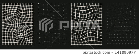 Grid halftone set of mesh panels. White dots and black grunge surfaces create lattice waves with varied density. Retro vector grid and halftone collection for gaming banner or music event poster Grid halftone set of mesh panels. White dots and black grunge surfaces create lattice waves with varied density. Retro vector grid and halftone collection for gaming banner or music event poster 141890977