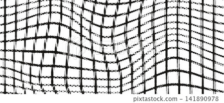 Distressed grid background with black halftone dots. Grunge mesh bends into warped lattice waves across a wide surface. Rough vector distressed grid backdrop for banner or presentation slide design Distressed grid background with black halftone dots. Grunge mesh bends into warped lattice waves across a wide surface. Rough vector distressed grid backdrop for banner or presentation slide design 141890978