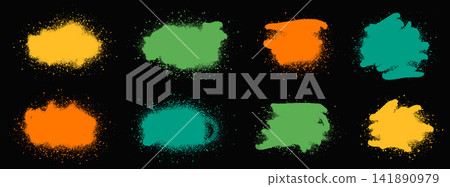 Spray paint spots with airbrush splat and graffiti art. Colorful paint splotch in yellow green and orange for school poster. Bright vector spray text box frames with street texture on black background Spray paint spots with airbrush splat and graffiti art. Colorful paint splotch in yellow green and orange for school poster. Bright vector spray text box frames with street texture on black background 141890979