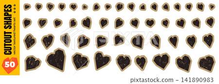 Heart sticker and paper cutouts. Scribble shape and vintage grunge elements for hand drawn note. Black charcoal hearts on kraft brown labels set. Vector love symbols sticker pack on white isolated 141890983