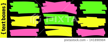 Text box marker strokes in neon green pink and yellow for chat callout and promo banner. Bold uneven text box with hand drawn highlight feel. Vector irregular shapes pack for prom callouts and tag 141890984