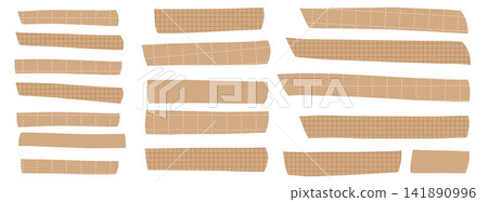Paper tape strips form a scrapbook set of beige rectangles. Washi pieces show grid mesh and hand drawn dash patterns. Vector paper tape collection for collage layout or scrapbook design Paper tape strips form a scrapbook set of beige rectangles. Washi pieces show grid mesh and hand drawn dash patterns. Vector paper tape collection for collage layout or scrapbook design 141890996