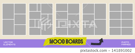 Moodboard gallery set with five modular photo grids and panels. Gray placeholders on a cream background. Vector moodboard gallery collection for social media story design or creative idea projects Moodboard gallery set with five modular photo grids and panels. Gray placeholders on a cream background. Vector moodboard gallery collection for social media story design or creative idea projects 141891002