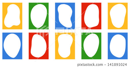 Cute organic shape frame with bold blob border for school album and kid collage. Squishy wavy shapes on blue green and red. Vector frame set with childish freeform figure element for sale promotion bg Cute organic shape frame with bold blob border for school album and kid collage. Squishy wavy shapes on blue green and red. Vector frame set with childish freeform figure element for sale promotion bg 141891024