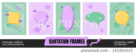 Colorful quote set with speech bubble grainy shapes. Mint lilac yellow and green panels with stars, box and paper texture. Vector quotation and box frames for carousel post or social media bg design Colorful quote set with speech bubble grainy shapes. Mint lilac yellow and green panels with stars, box and paper texture. Vector quotation and box frames for carousel post or social media bg design 141891025