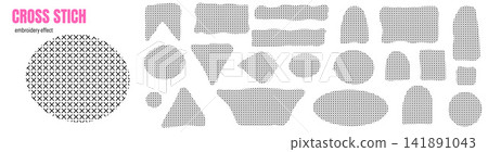 Stitch geometric shape set with cross embroidery texture and forms. Black crossstitch marks fill rectangles and rounded figures. Patterned geometric vector for craft print or scrapbook design Stitch geometric shape set with cross embroidery texture and forms. Black crossstitch marks fill rectangles and rounded figures. Patterned geometric vector for craft print or scrapbook design 141891043