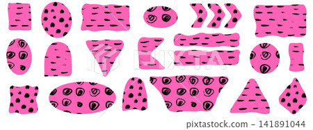 Rectangle element set with pink shapes and black drawn patterns. Oval, arc pieces include polka dots and rough dash marks on white. Element vector collection for classroom poster or education flyer Rectangle element set with pink shapes and black drawn patterns. Oval, arc pieces include polka dots and rough dash marks on white. Element vector collection for classroom poster or education flyer 141891044