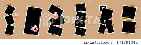 Collage frame set with six snapshot photo layouts. Tan background and kraft tape with flames and blank pictures. Vector picture or text box frame collection for social media or stationery dairy design Collage frame set with six snapshot photo layouts. Tan background and kraft tape with flames and blank pictures. Vector picture or text box frame collection for social media or stationery dairy design 141891049