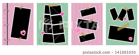 Frame set with five taped photo snapshot collage layouts. Mint and pink paper shows hearts, washi tape and blank pictures. Vector gallery wall image mockup set for social media or presentation design Frame set with five taped photo snapshot collage layouts. Mint and pink paper shows hearts, washi tape and blank pictures. Vector gallery wall image mockup set for social media or presentation design 141891050