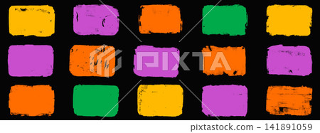 Grunge figure text box with rectangle frame and shape stamp for rough painted layout. Yellow pink orange and green blocks frames on black backdrop. Vector colorful tagged set isolated for promo design 141891059