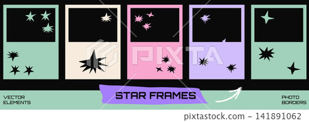 Whimsical star photo frame set with paper cutout borders. Mint pink lilac and cream panels with windows and spark shapes. Vector star frame set for scrapbook layout or social media and promo design Whimsical star photo frame set with paper cutout borders. Mint pink lilac and cream panels with windows and spark shapes. Vector star frame set for scrapbook layout or social media and promo design 141891062