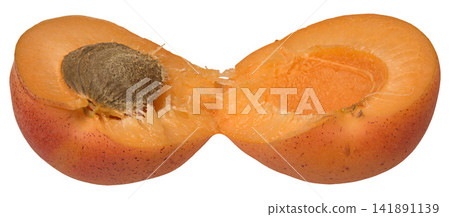 Ripe apricot broken in half with pit on isolated background Ripe apricot broken in half with pit on isolated background 141891139