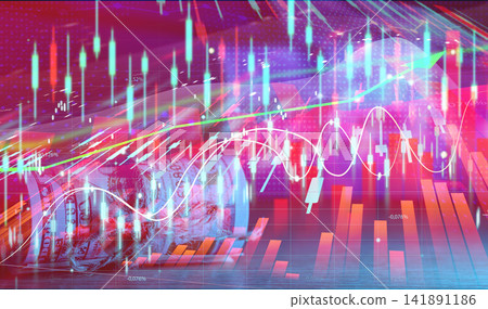 A rolled up stack of dollar bills against a backdrop of neon financial charts, growth charts and digital market indicators. A rolled up stack of dollar bills against a backdrop of neon financial charts, growth charts and digital market indicators. 141891186