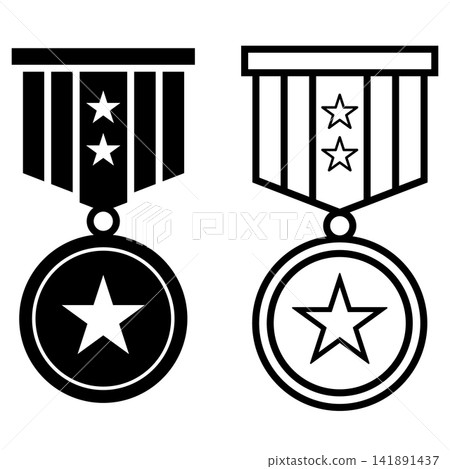 Military medal icon. Veteran sign. Coin decoration symbol. Condecoration logo. flat style. Military medal icon. Veteran sign. Coin decoration symbol. Condecoration logo. flat style. 141891437