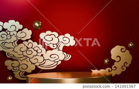 China red style stage podium decoration chinese for present products.3D rendering China red style stage podium decoration chinese for present products.3D rendering 141891567