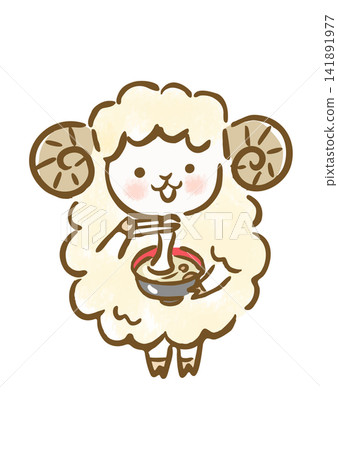 A cute, hand-drawn style illustration of a sheep eating ozoni (Japanese New Year's soup), perfect for New Year's greetings. A cute, hand-drawn style illustration of a sheep eating ozoni (Japanese New Year's soup), perfect for New Year's greetings. 141891977