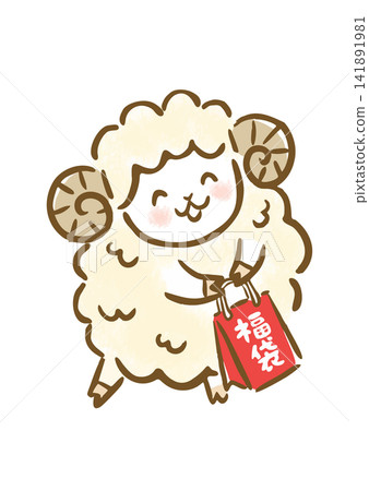 一幅可愛的手繪新年插畫，畫的是一隻笑瞇瞇的綿羊抱著福袋。 141891981