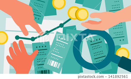 A business scenario involving using receipts and a calculator to calculate expenses and develop business strategies (workplace illustration). A business scenario involving using receipts and a calculator to calculate expenses and develop business strategies (workplace illustration). 141892561