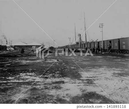 Old photograph, March 16, 1916, Dalian Port, China: Russian soldiers arriving by transport train. 141893118