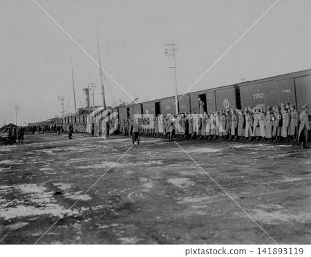 Old photograph, March 16, 1916, Dalian Port, China: Russian soldiers arriving by transport train. Old photograph, March 16, 1916, Dalian Port, China: Russian soldiers arriving by transport train. 141893119
