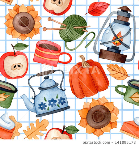 Cozy autumn pattern. Cute watercolor illustrations on a plaid background. Picnic in the forest. Cozy autumn pattern. Cute watercolor illustrations on a plaid background. Picnic in the forest. 141893178