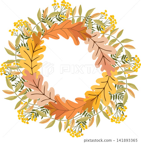 wreath with oak leaves, rowan leaves and yellow tansy flowers wreath with oak leaves, rowan leaves and yellow tansy flowers 141893365