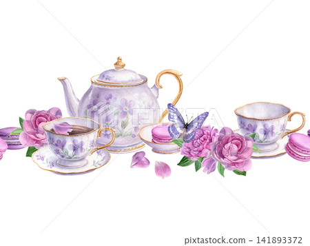 Romantic seamless watercolor border with a vintage tea set, pink peonies, macarons, petals and a purple butterfly. Perfect for invitations, stationery, packaging and tea party designs Romantic seamless watercolor border with a vintage tea set, pink peonies, macarons, petals and a purple butterfly. Perfect for invitations, stationery, packaging and tea party designs 141893372