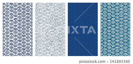 A set of four hand-painted Seigaiha (wave pattern) Japanese-style backgrounds - traditional Japanese motifs, vertical orientation. A set of four hand-painted Seigaiha (wave pattern) Japanese-style backgrounds - traditional Japanese motifs, vertical orientation. 141893380