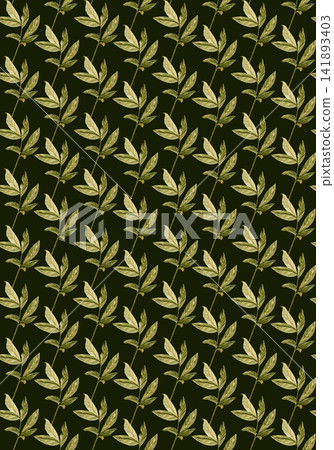 Green leaf with delicate botanical details watercolor seamless pattern isolated on black. Hand-painted for wedding design, eco packaging, branding, stationery, and digital creative projects Green leaf with delicate botanical details watercolor seamless pattern isolated on black. Hand-painted for wedding design, eco packaging, branding, stationery, and digital creative projects 141893403