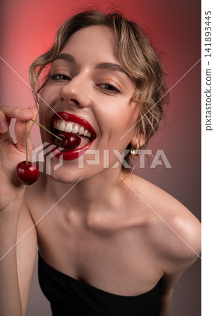 Woman biting cherry with vibrant red lips, smiling expressing beauty and fresh summer delight Woman biting cherry with vibrant red lips, smiling expressing beauty and fresh summer delight 141893445