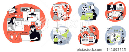 E-sport and video game flat concepts set for web design. People playing video games online in team, streaming gaming, cyber players winning cybersport virtual competition. Vector illustrations. E-sport and video game flat concepts set for web design. People playing video games online in team, streaming gaming, cyber players winning cybersport virtual competition. Vector illustrations. 141893515