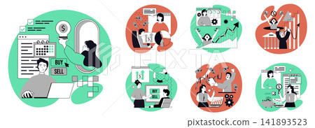 Business and finance flat concepts set for web design. People making financial analysis and statistics, earning money, planning strategy and investing, managing data with charts. Vector illustrations. Business and finance flat concepts set for web design. People making financial analysis and statistics, earning money, planning strategy and investing, managing data with charts. Vector illustrations. 141893523