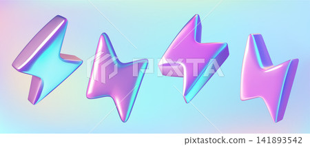 Lightning bolt 3D icons set in neon purple and blue holographic gradient Lightning bolt 3D icons set in neon purple and blue holographic gradient 141893542
