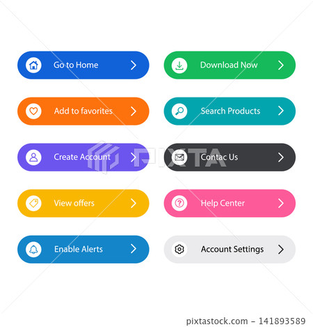 Modern navigation button collection with colorful rounded controls, clean typography, white icons, arrows, and options for home, download, favorites, search, account, help, alerts, and settings. 141893589