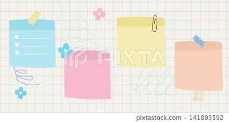 Sticky paper notes for daily planner, hand drawn memo sheet stickers. Pins and paper clips, notebook sheets doodles, paper note with washi tape, to-do list and reminder, blank diary pages vector set Sticky paper notes for daily planner, hand drawn memo sheet stickers. Pins and paper clips, notebook sheets doodles, paper note with washi tape, to-do list and reminder, blank diary pages vector set 141893592