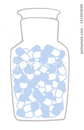 Illustration of a medicine bottle containing capsules. Illustration of a medicine bottle containing capsules. 141893699