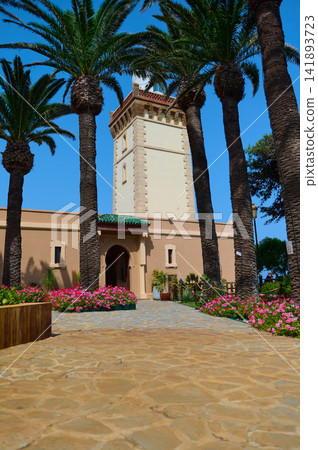Historic tower and palm trees framing a Moroccan courtyard in Tangier, Morocco on a sunny day Historic tower and palm trees framing a Moroccan courtyard in Tangier, Morocco on a sunny day 141893723