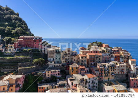 Manarola within Liguria, Italy, including terraces and compact village architecture Manarola within Liguria, Italy, including terraces and compact village architecture 141893794