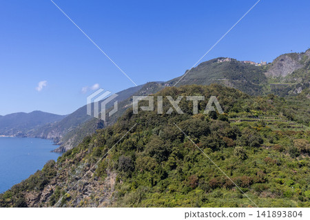 Cinque Terre in the Ligurian region of northern Italy from the hillside hiking route Cinque Terre in the Ligurian region of northern Italy from the hillside hiking route 141893804