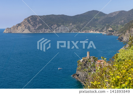 Doria Castle at Vernazza, Italy, including small tower beneath sweeping coastal arc Doria Castle at Vernazza, Italy, including small tower beneath sweeping coastal arc 141893849